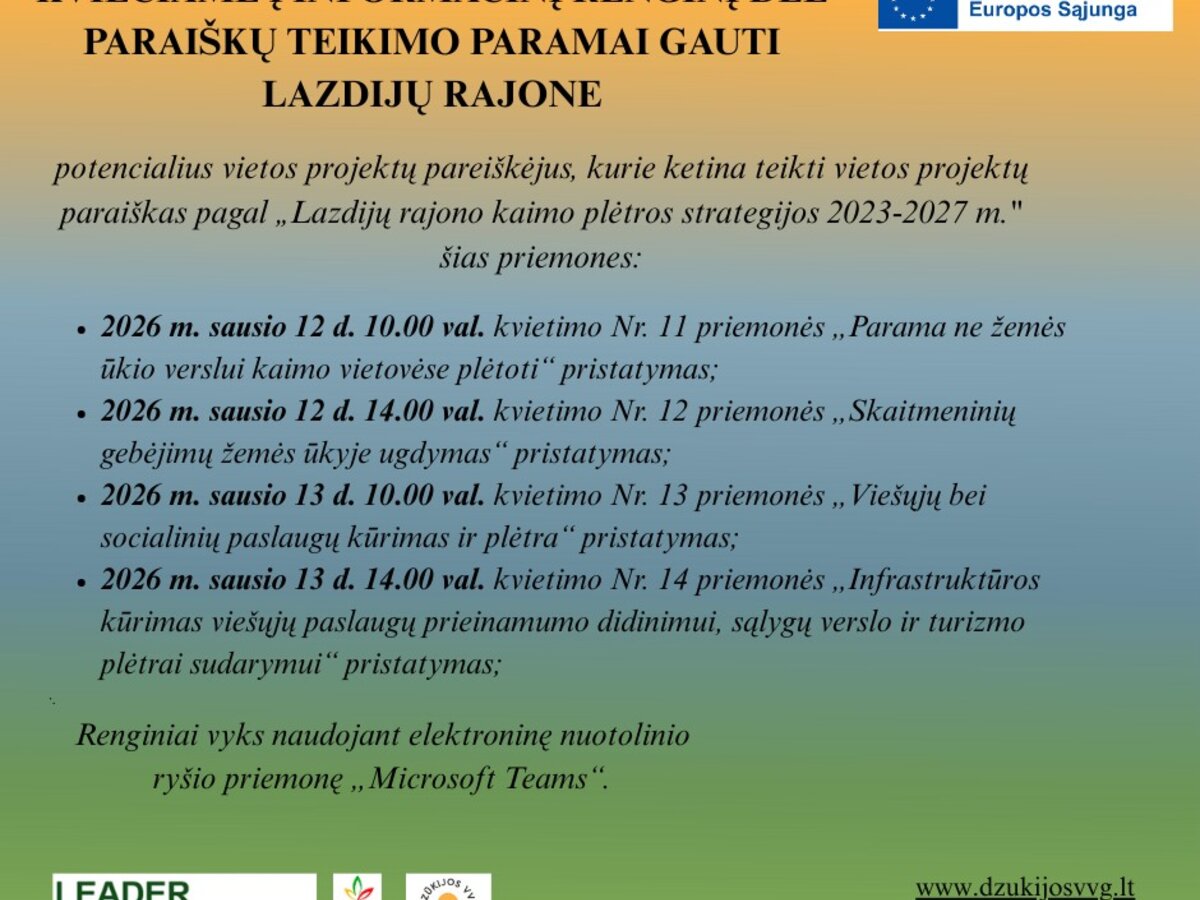 Kviečiame teikti paraiškas pagal pagal „Lazdijų rajono kaimo plėtros strategijos 2023-2027 m.“...