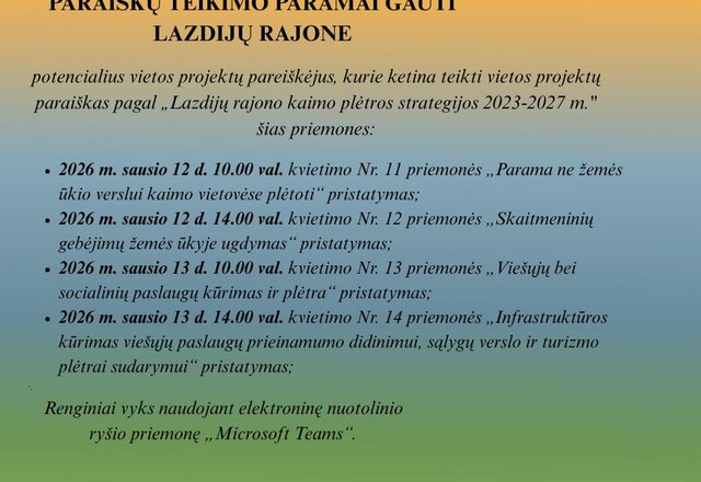 Kviečiame teikti paraiškas pagal pagal „Lazdijų rajono kaimo plėtros strategijos 2023-2027 m.“...