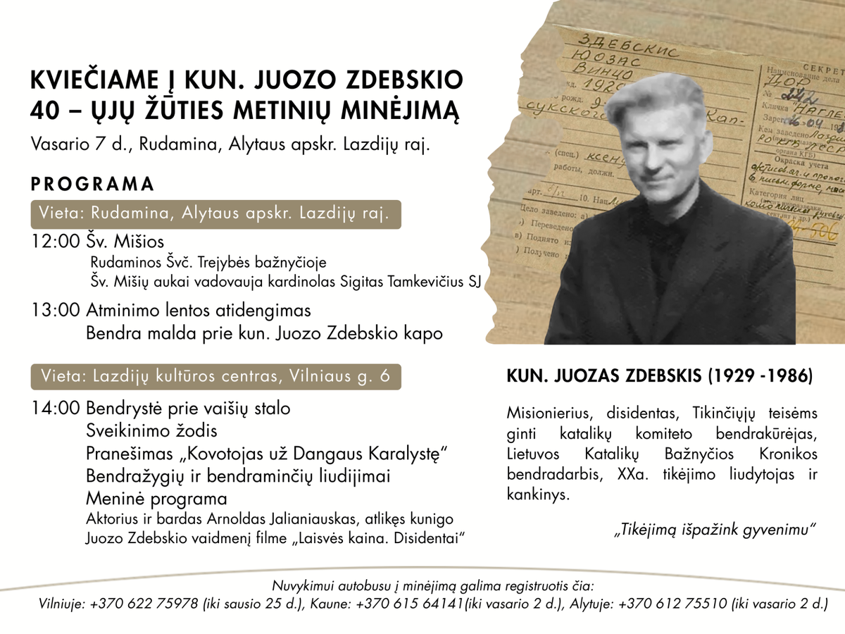 Kviečiame šeštadienį į Lazdijų rajono garbės piliečio, kunigo Juozo Zdebskio 40-ųjų mirties 