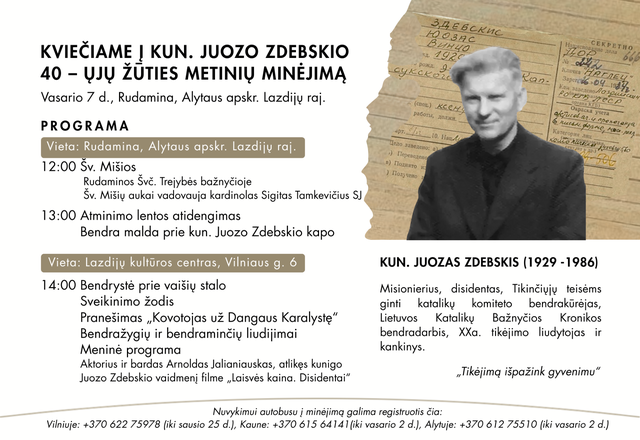 Kviečiame šeštadienį į Lazdijų rajono garbės piliečio, kunigo Juozo Zdebskio 40-ųjų mirties 