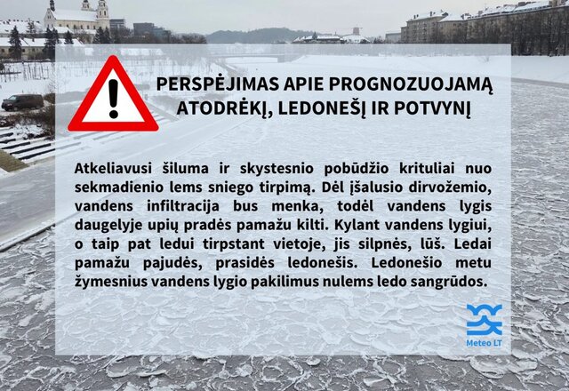 Perspėjimas apie prognozuojamą atodrėkį, ledonešį ir potvynį