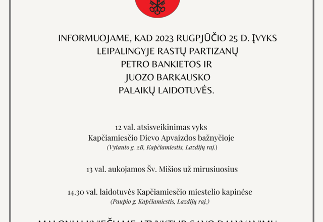 Rugpjūčio 25 d. Kapčiamiestyje – partizanų palaikų laidotuvės