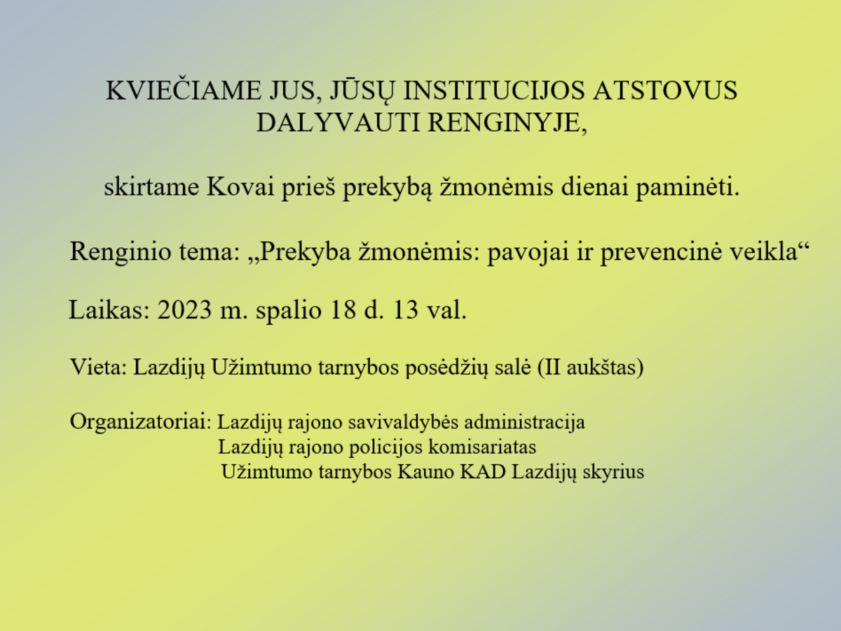 Kvietimas dalyvauti renginyje skirtame Kovai prieš prekybą žmonėmis dienai paminėti