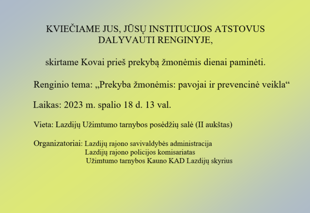 Kvietimas dalyvauti renginyje skirtame Kovai prieš prekybą žmonėmis dienai paminėti
