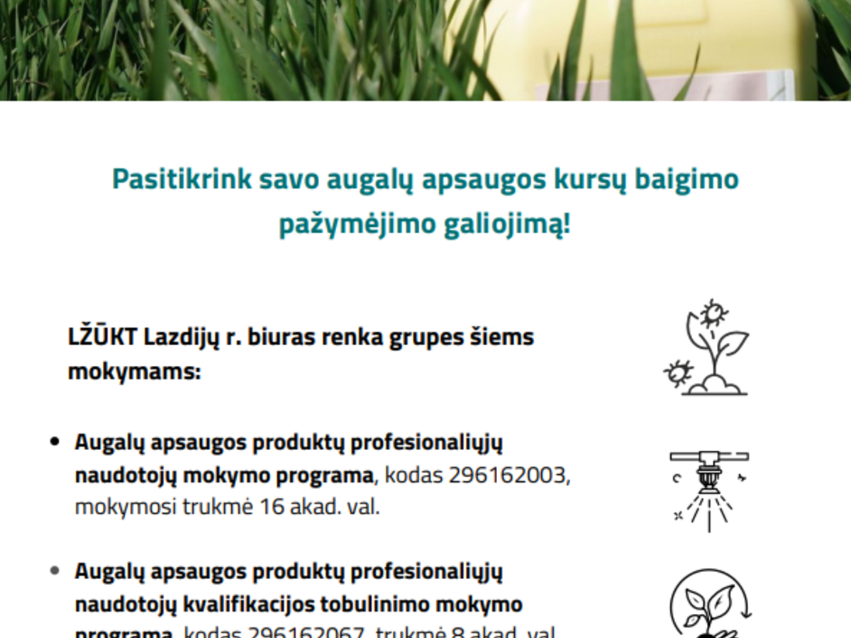Pasitikrink savo augalų apsaugos kursų baigimo pažymėjimo galiojimą!