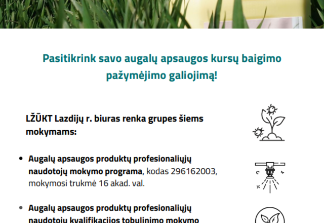 Pasitikrink savo augalų apsaugos kursų baigimo pažymėjimo galiojimą!