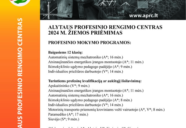 Alytaus profesinio rengimo centras skelbia žiemos priėmimą profesinio mokymo programoms