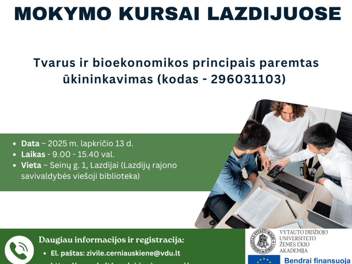 VDU Žemės ūkio akademija kviečia dalyvauti mokymų kursuose Lazdijuose!